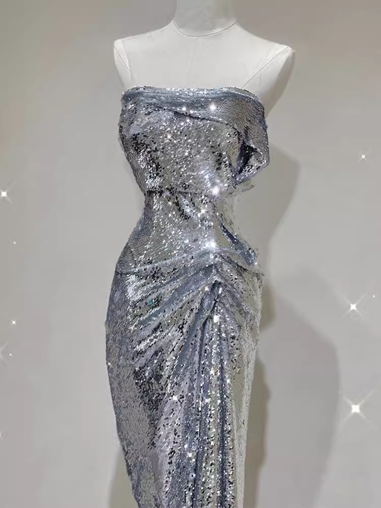 Robe de bal longue sirène sexy sans bretelles en paillettes argentées C188