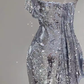 Robe de bal longue sirène sexy sans bretelles en paillettes argentées C188