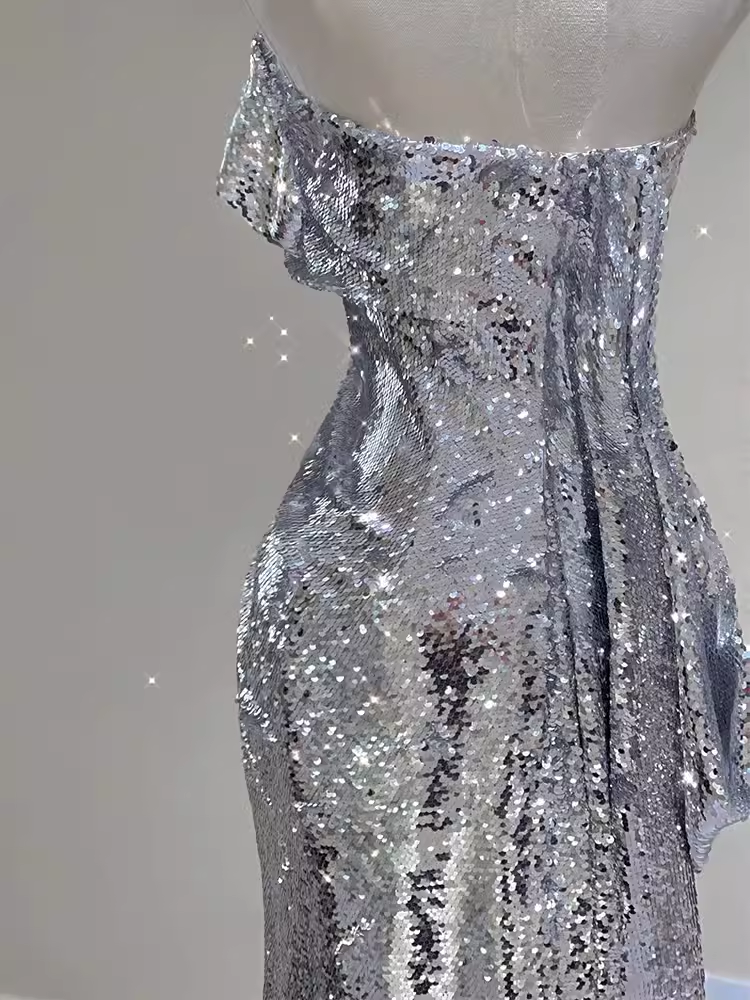 Robe de bal longue sirène sexy sans bretelles en paillettes argentées C188