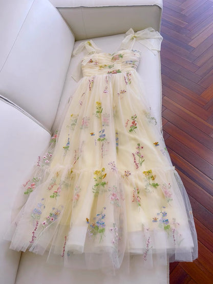 Simple A line Spaghetti Straps Floral Tulle Yellow Homecoming Dress Birthday Dresses C1891