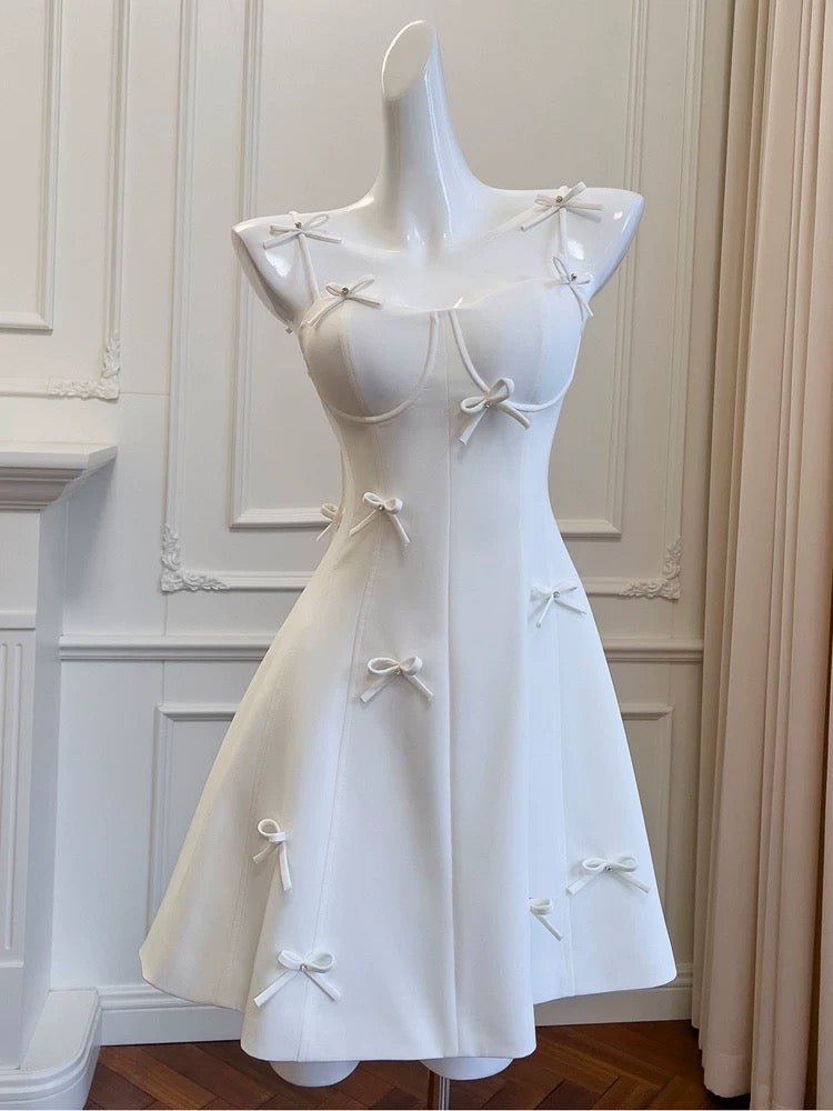 Cute A line Spaghetti Straps White Short Homecoming Dress Birthday Dresses With Bow C1892