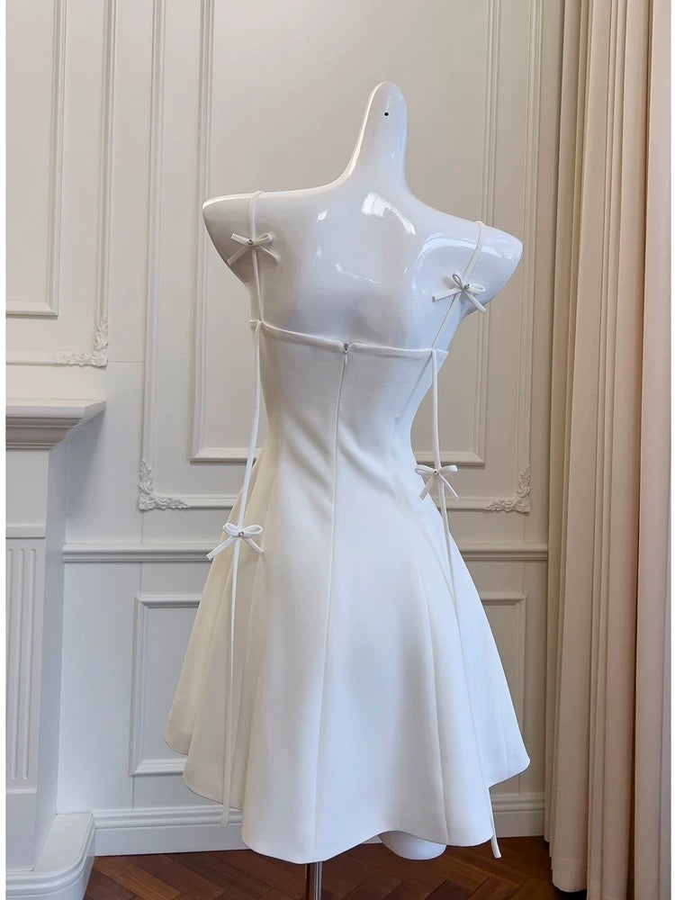 Cute A line Spaghetti Straps White Short Homecoming Dress Birthday Dresses With Bow C1892