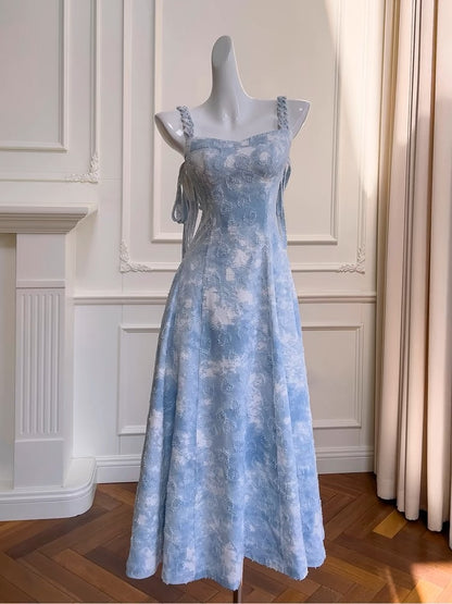 Robe de bal longue sexy à bretelles trapèze sans manches vert bleu C1893