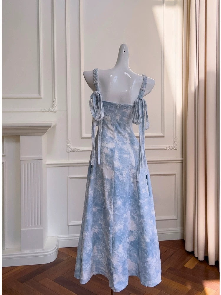 Robe de bal longue sexy à bretelles trapèze sans manches vert bleu C1893