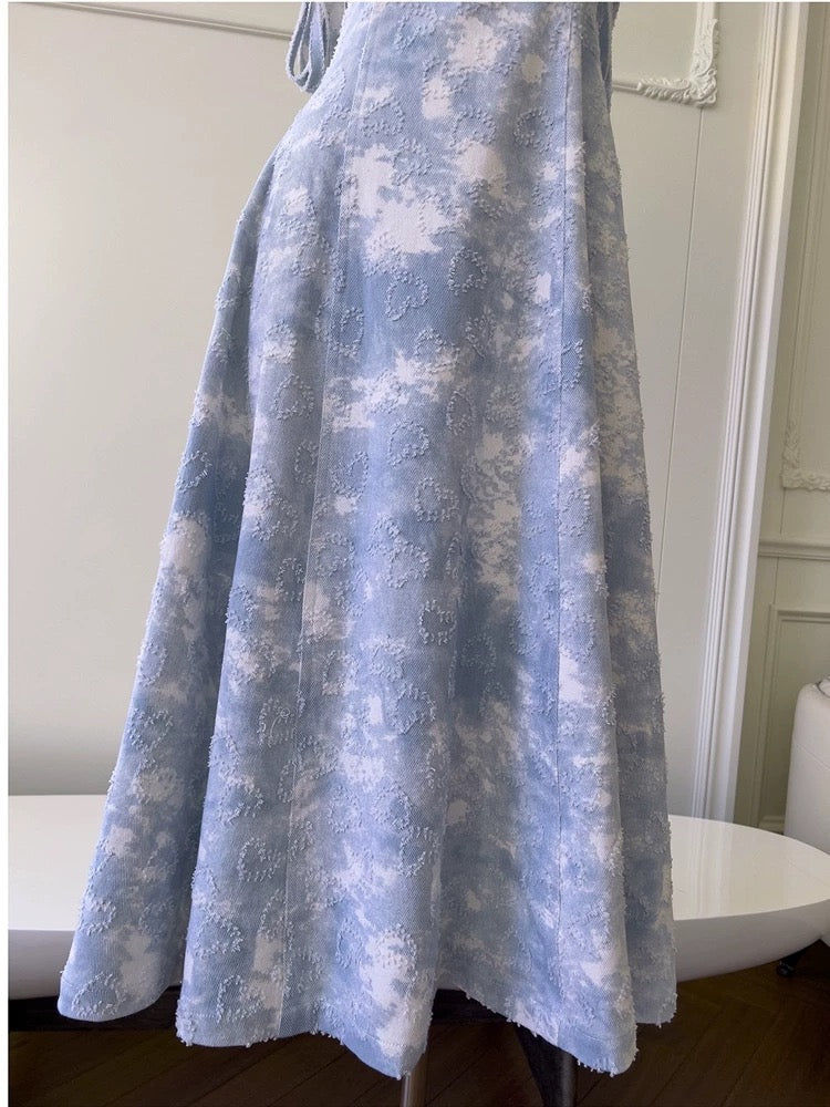 Robe de bal longue sexy à bretelles trapèze sans manches vert bleu C1893