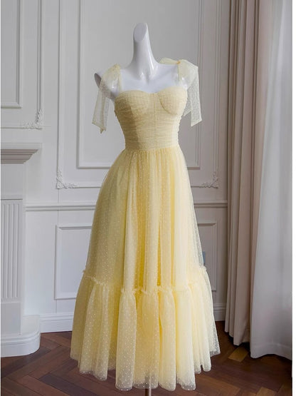 Jolies robes de bal longues en tulle jaune sans manches à bretelles trapèze C1895