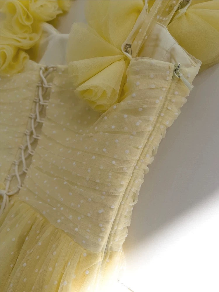 Jolies robes de bal longues en tulle jaune sans manches à bretelles trapèze C1895