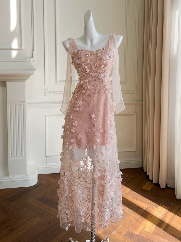 Robe de bal longue en tulle rose blush à bretelles trapèze sans manches C1896