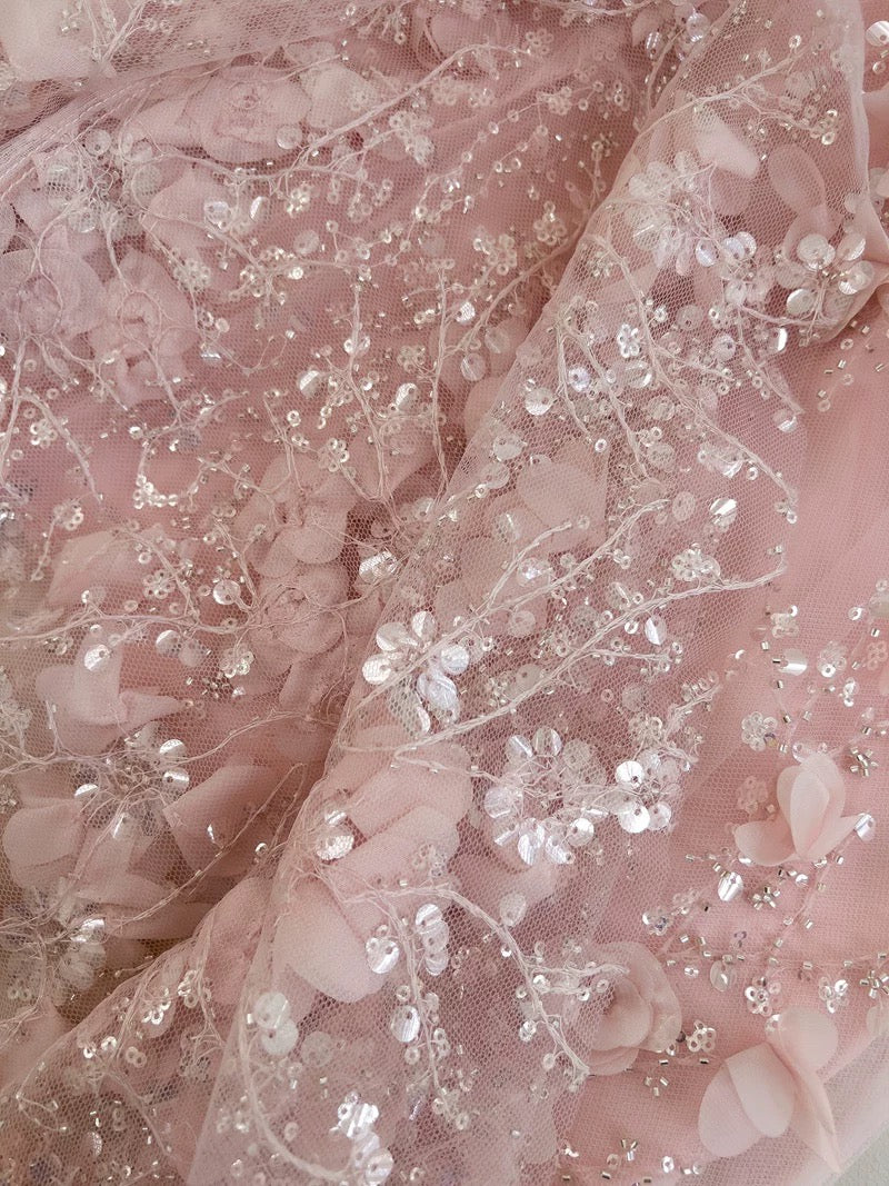 Robe de bal longue en tulle rose blush à bretelles trapèze sans manches C1896