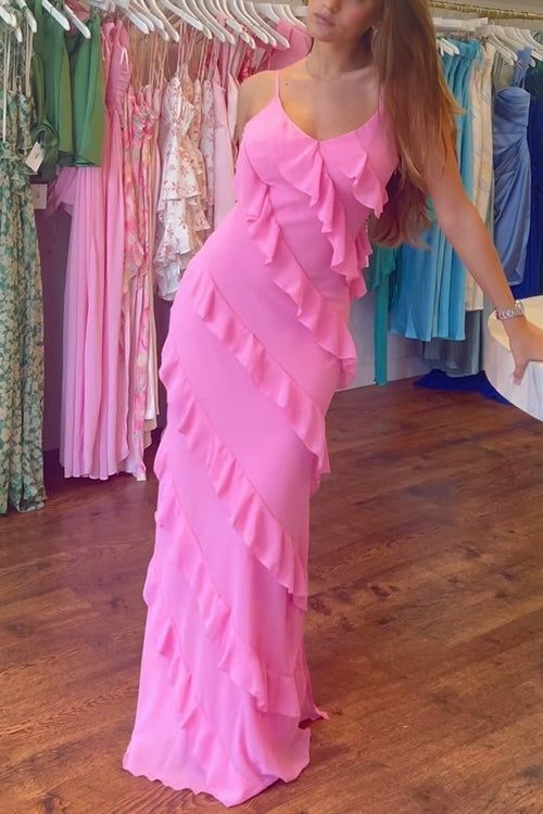 Modest A line Straps Neckline Pink Chiffon Long Prom Dress Evening Dresses C1897