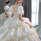 Unique Ball Gown Puffy Sleeves Lace Satin Wedding Dress C189