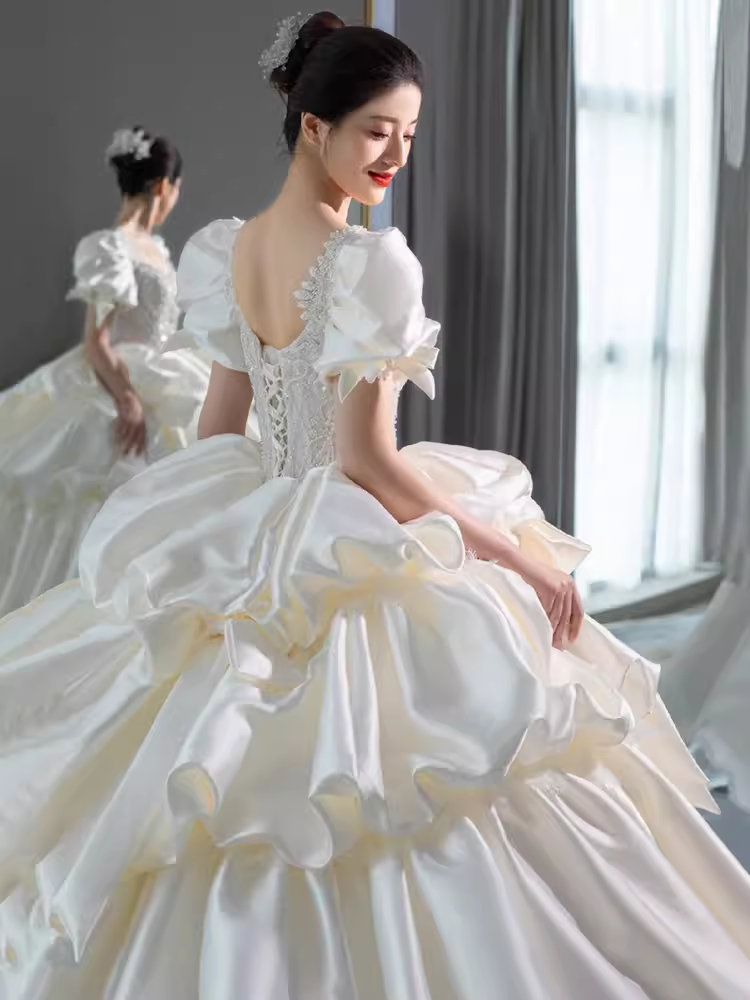 Unique Ball Gown Puffy Sleeves Lace Satin Wedding Dress C189