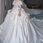 Unique Ball Gown Puffy Sleeves Lace Satin Wedding Dress C189