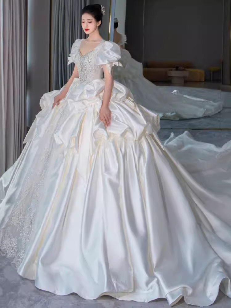 Unique Ball Gown Puffy Sleeves Lace Satin Wedding Dress C189