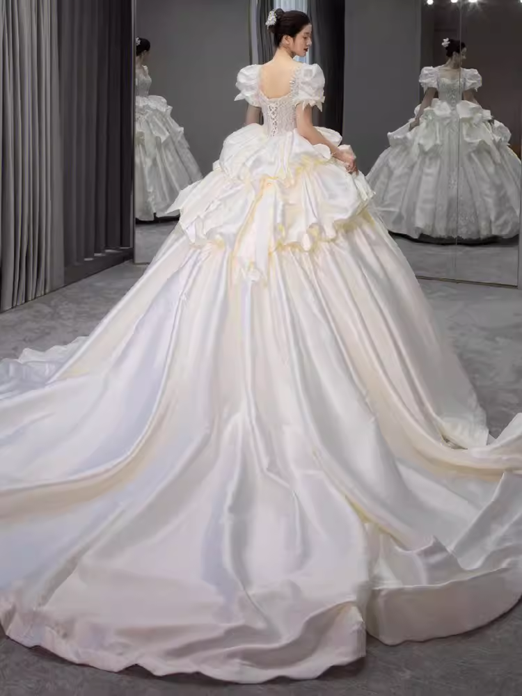 Unique Ball Gown Puffy Sleeves Lace Satin Wedding Dress C189