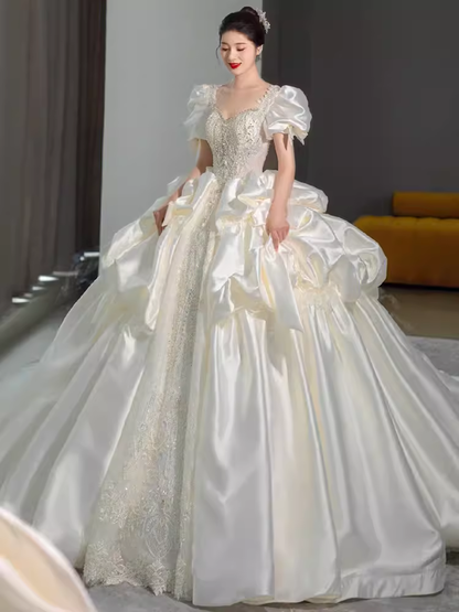 Unique Ball Gown Puffy Sleeves Lace Satin Wedding Dress C189