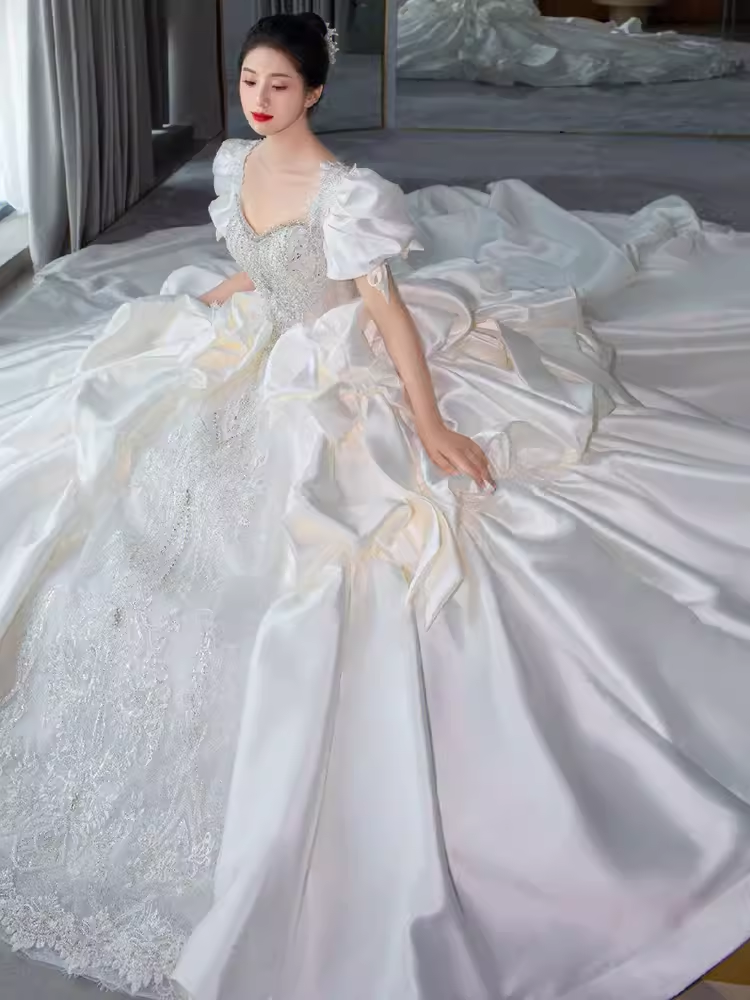 Unique Ball Gown Puffy Sleeves Lace Satin Wedding Dress C189