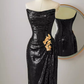 Robe de bal longue sirène sexy, sans bretelles, paillettes noires, C18