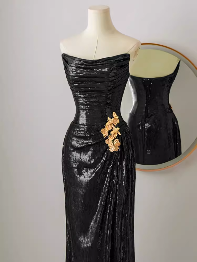 Robe de bal longue sirène sexy, sans bretelles, paillettes noires, C18