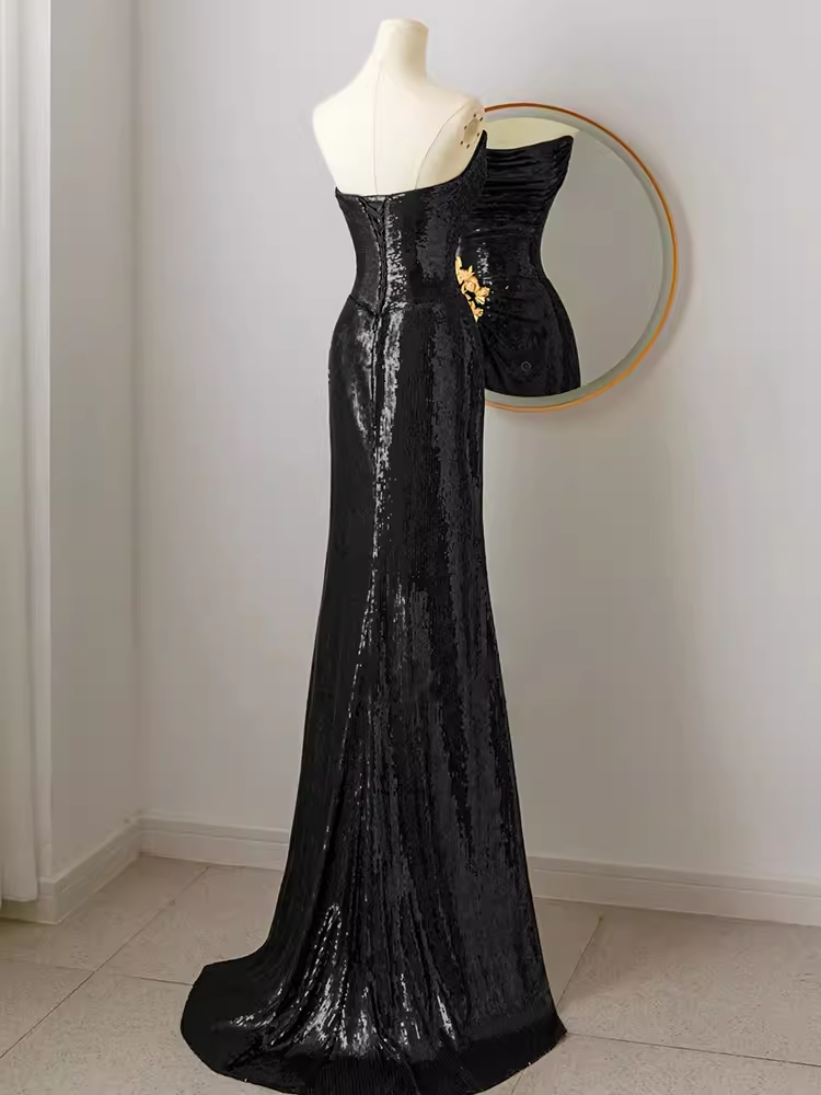 Robe de bal longue sirène sexy, sans bretelles, paillettes noires, C18