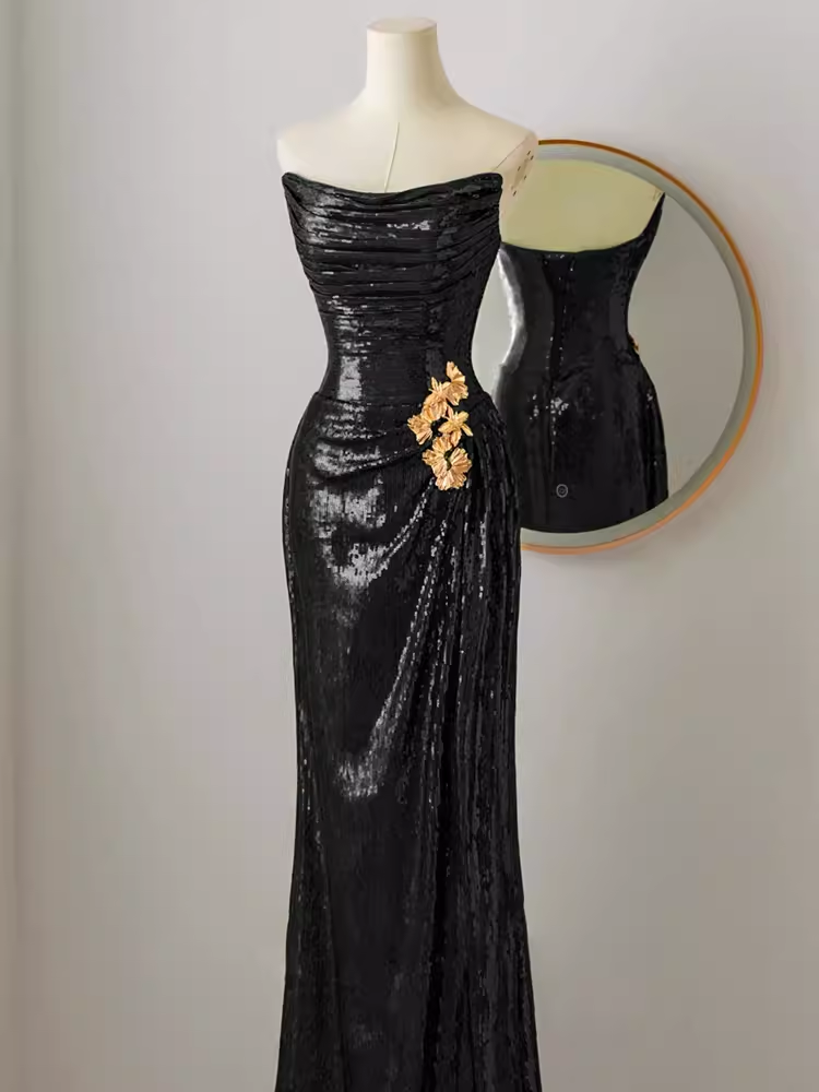 Robe de bal longue sirène sexy, sans bretelles, paillettes noires, C18