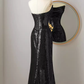 Robe de bal longue sirène sexy, sans bretelles, paillettes noires, C18