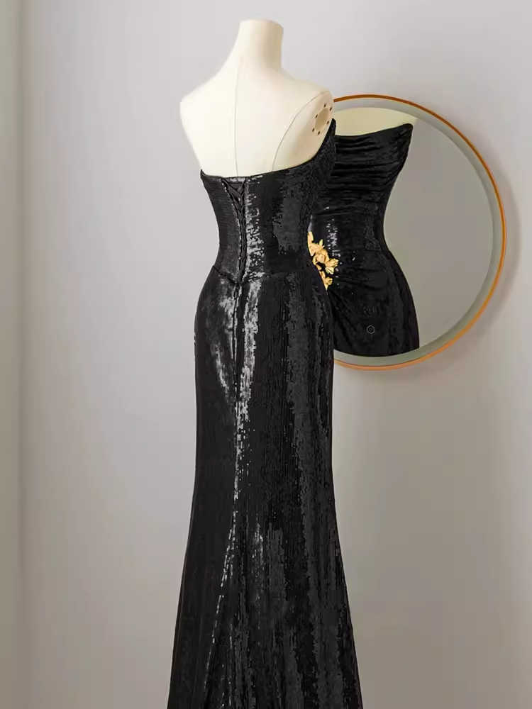 Robe de bal longue sirène sexy, sans bretelles, paillettes noires, C18