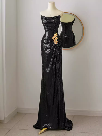 Robe de bal longue sirène sexy, sans bretelles, paillettes noires, C18