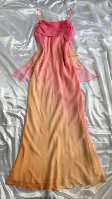 Elegant A line Straps Chiffon Ombre Pink Prom Dresses Evening Dress With Ribbons C1903