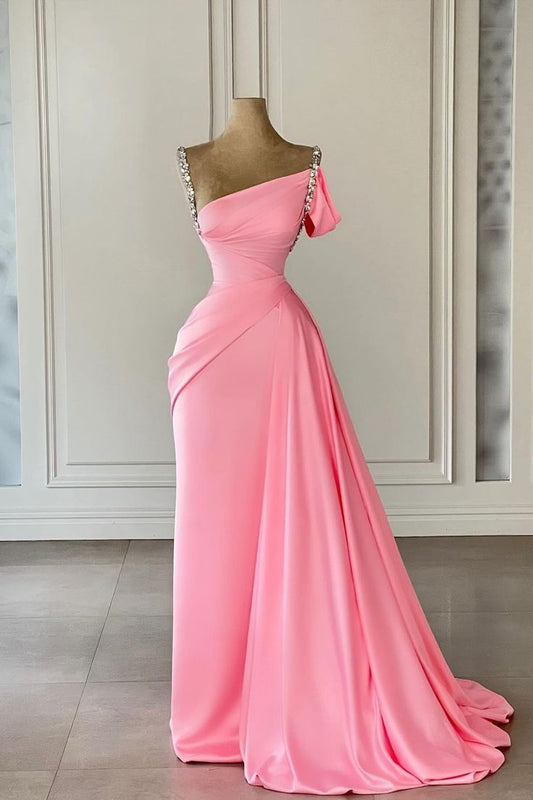 Pink Straps Off-the-Shoulder Sleeveless Mermaid Prom Dress With Ruffles Beads C1905