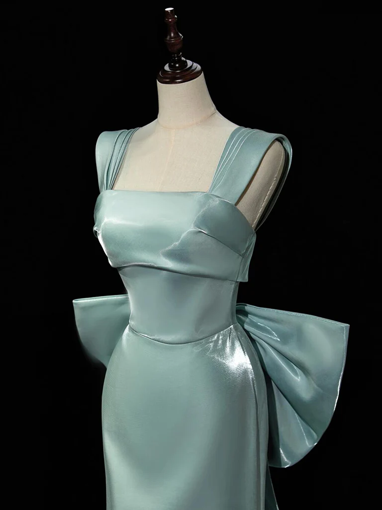 Simple Satin Green Long Prom Dress Green Formal Dress with Bow Tie C1907