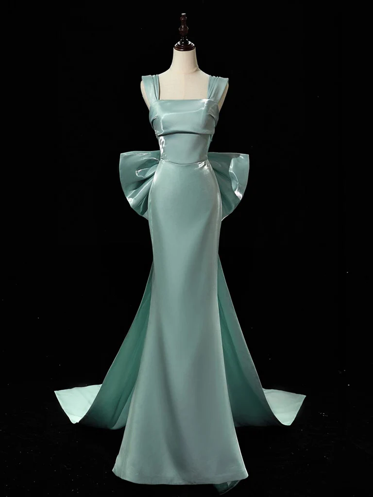 Simple Satin Green Long Prom Dress Green Formal Dress with Bow Tie C1907