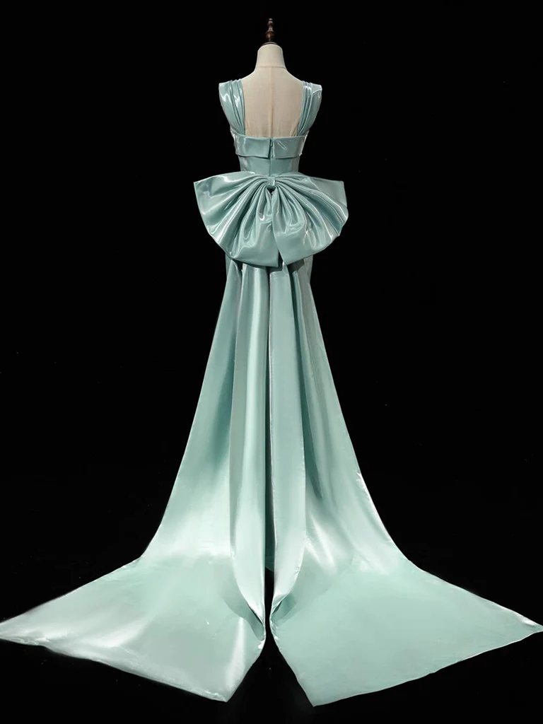 Simple Satin Green Long Prom Dress Green Formal Dress with Bow Tie C1907