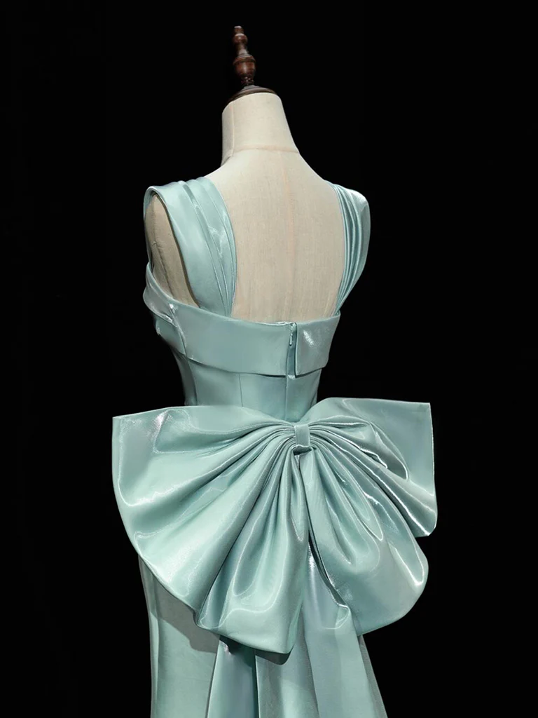 Simple Satin Green Long Prom Dress Green Formal Dress with Bow Tie C1907