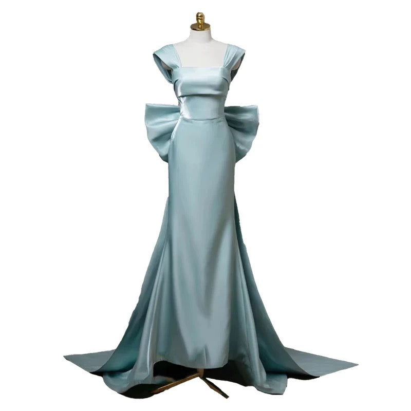 Simple Satin Green Long Prom Dress Formal Dress With Bowknot C1908