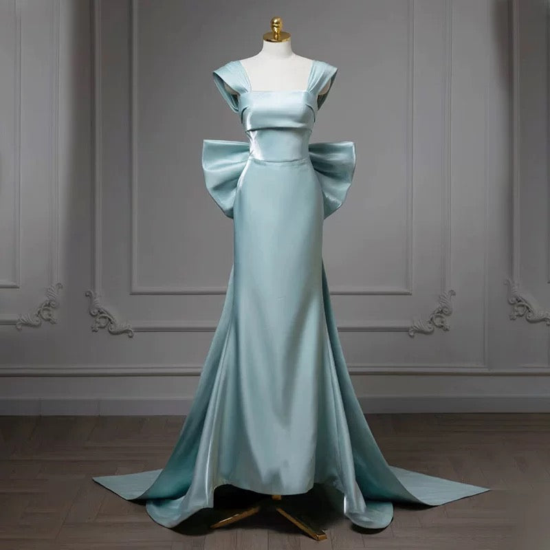 Simple Satin Green Long Prom Dress Formal Dress With Bowknot C1908