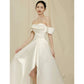 Timeless High Low Sweetheart Long Puffy Sleeves Satin Wedding Dresses With Ruffles C1909