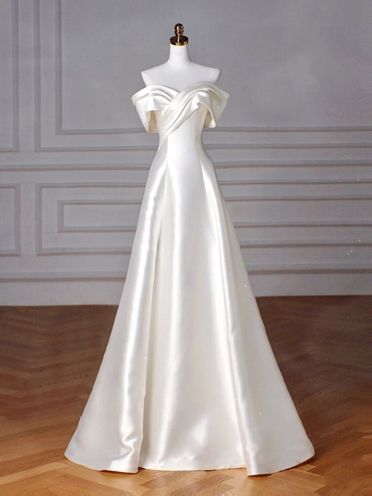 Timeless A-Line Off Shoulder Satin Wedding Dresses With Ruffles C1915