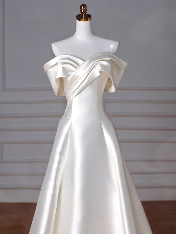 Timeless A-Line Off Shoulder Satin Wedding Dresses With Ruffles C1915