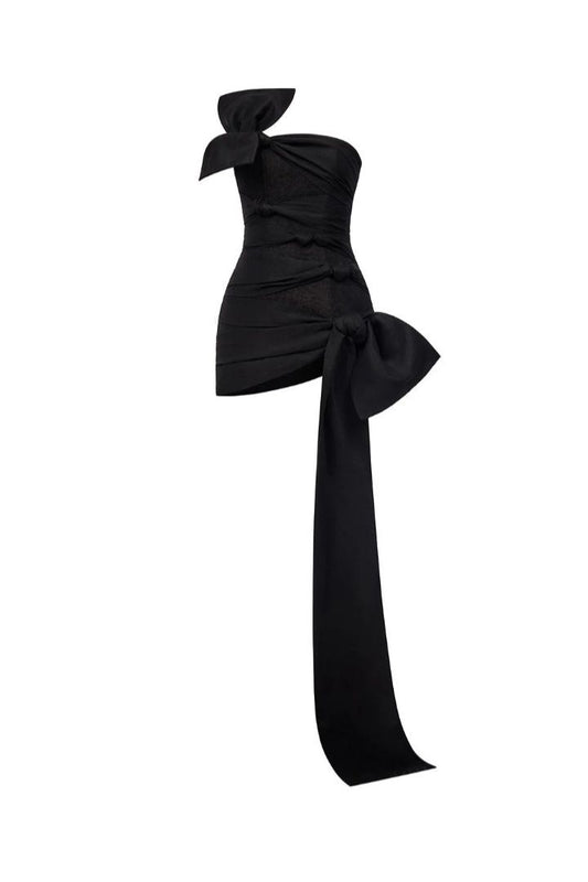 Cute Sheath Strapless Black Short Satin Homecoming Dresses Cocktail Dress With Bow C1924