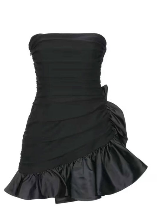 Cute Sheath Strapless Black Short Satin Homecoming Dresses Cocktail Dress C1926