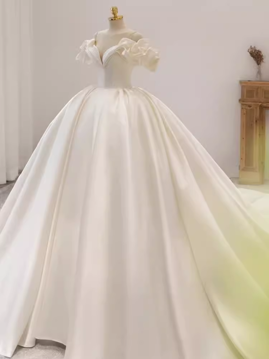 Unique Ball Gown Off The Shoulder Satin Long Wedding Dresses C192