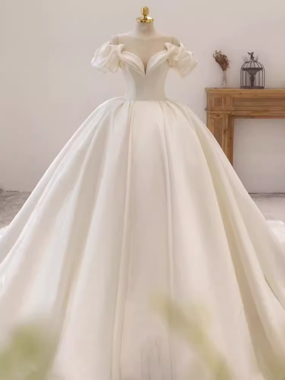 Unique Ball Gown Off The Shoulder Satin Long Wedding Dresses C192