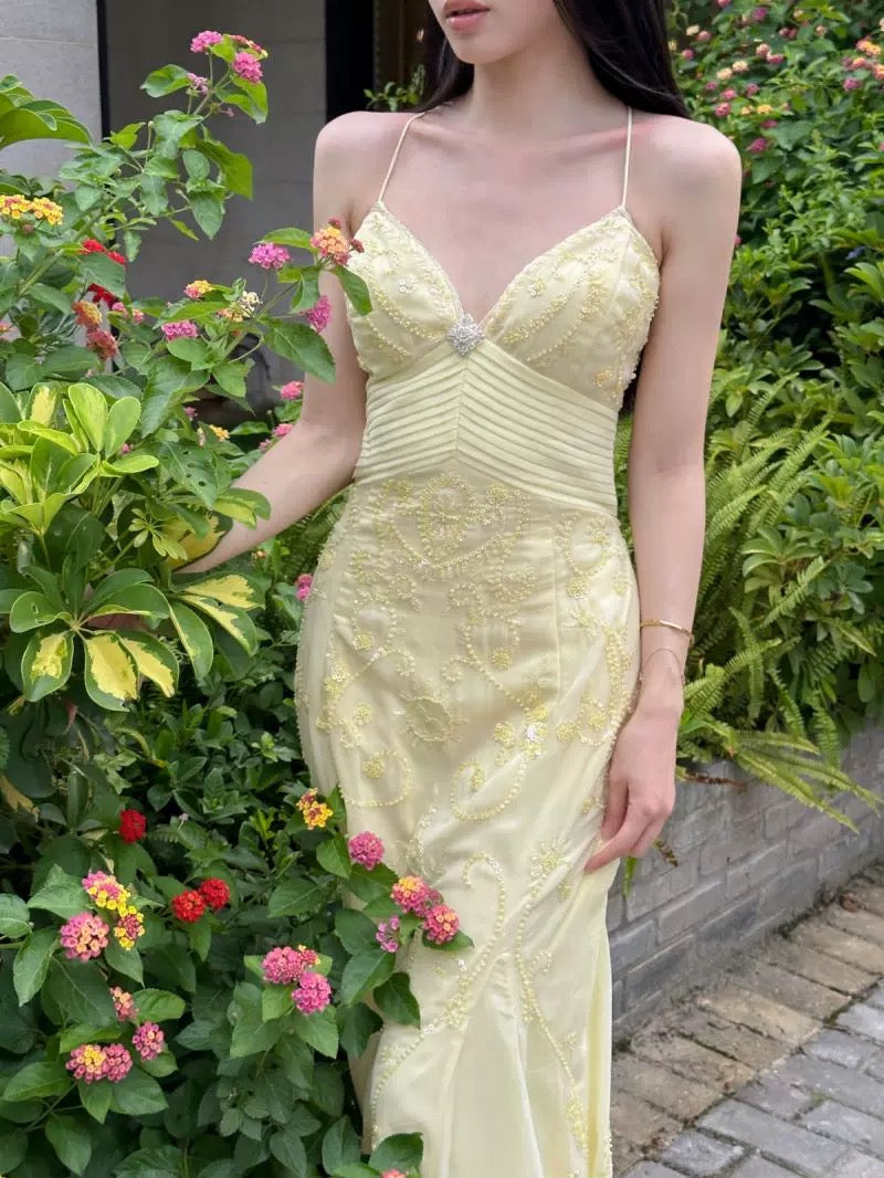 Elegant Mermaid Spaghetti Straps Yellow Chiffon Long Prom Dresses Evening Dress With Beads C1930