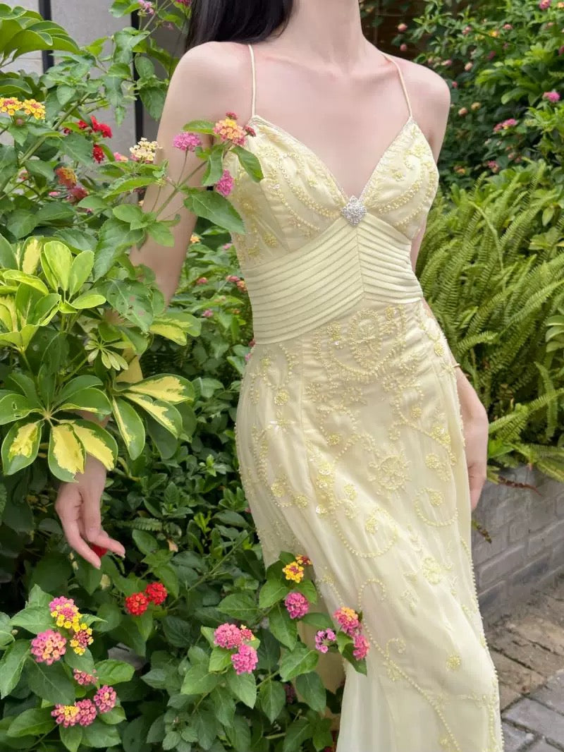 Elegant Mermaid Spaghetti Straps Yellow Chiffon Long Prom Dresses Evening Dress With Beads C1930