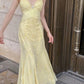 Elegant Mermaid Spaghetti Straps Yellow Chiffon Long Prom Dresses Evening Dress With Beads C1930