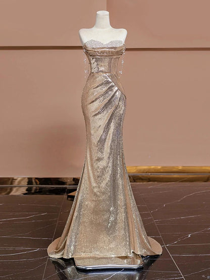 Elegant Mermaid Sweetheart Champagne Sequin Long Prom Dresses Evening Dress With Beads C1931