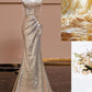 Elegant Mermaid Sweetheart Champagne Sequin Long Prom Dresses Evening Dress With Beads C1931