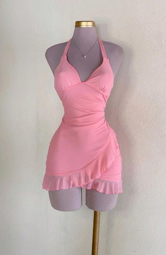 Sexy Sheath Halter Pink Short Homecoming Dresses Cocktail Dress C1932