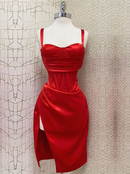 Sexy Sheath Straps Red Knee Length Slit Homecoming Dresses Cocktail Dress C1933